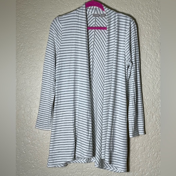 Chico's Zenery White with Gray Stripes Open Front Cardigan Knit Sweater Size 0 - Picture 1 of 8
